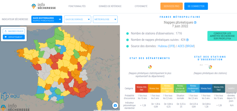 Exemple de carte des niveaux des nappes phréatiques par département le 8 juin 2022