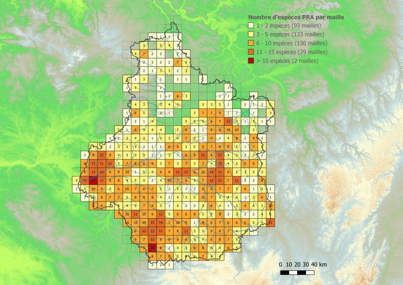 Nombre d'espèces du PRA, par maille de 10 km par 10 km ©PRA odonates 2025-2035