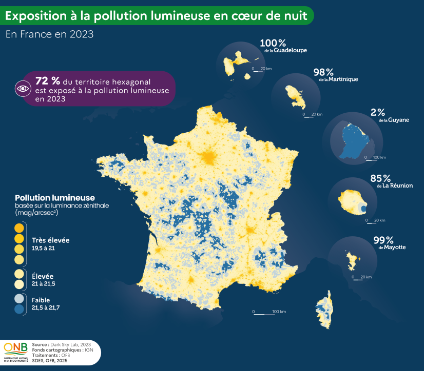 Proportion du territoire hexagonal fortement impacté par la pollution lumineuse en cœur de nuit par ciel clair © ONB