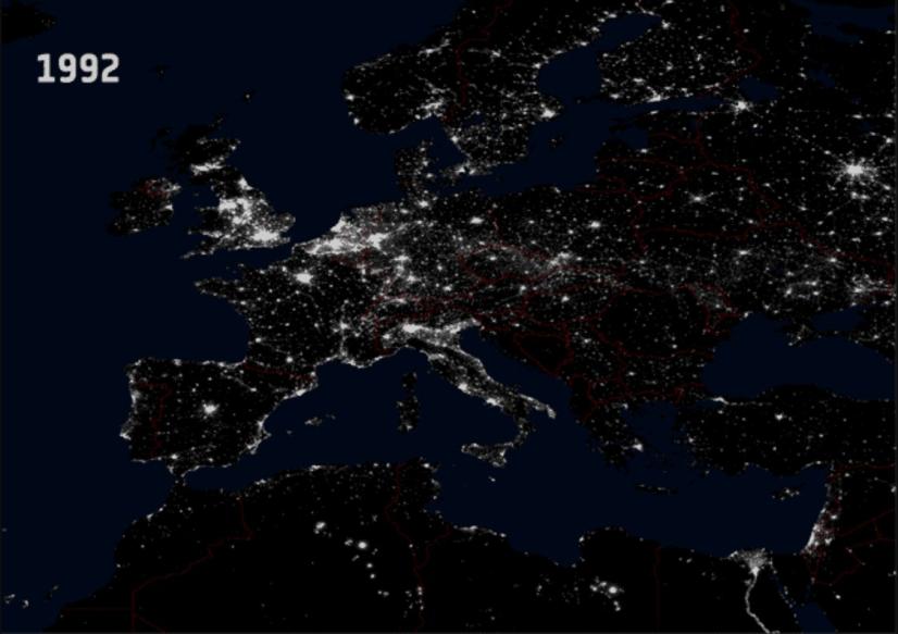 Évolution de la pollution lumineuse en Europe entre 1992...