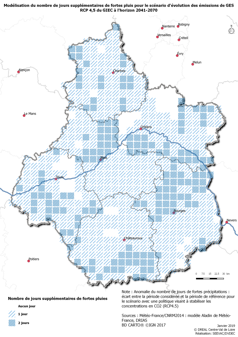 Nombre de jours supplémentaires de fortes pluies ©DREAL CVL, 2019