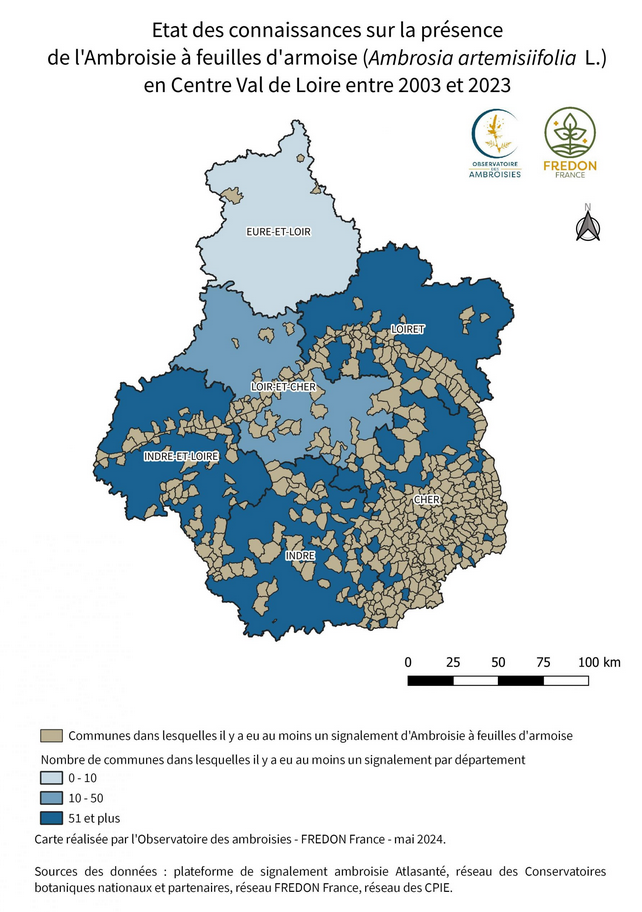Carte de présence de l'Ambroisie en Centre-Val de Loire 2003-2023 © FREDON