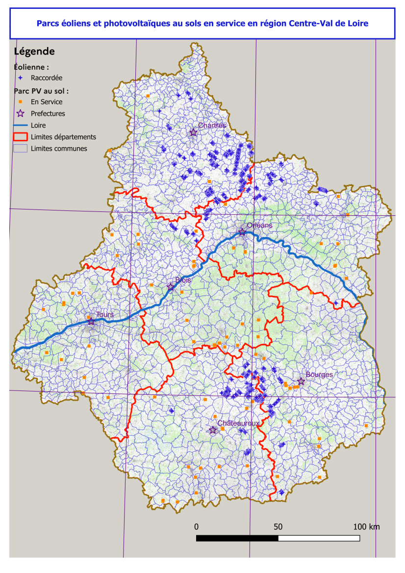 Parcs éoliens et photovoltaïques au sol en service © DREAL Centre-Val de Loire