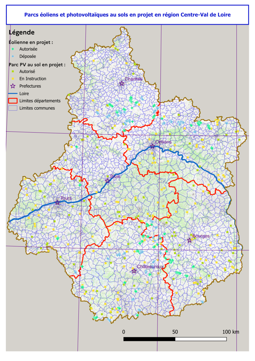 Parcs éoliens et photovoltaïques au sol en projet © DREAL Centre-Val de Loire