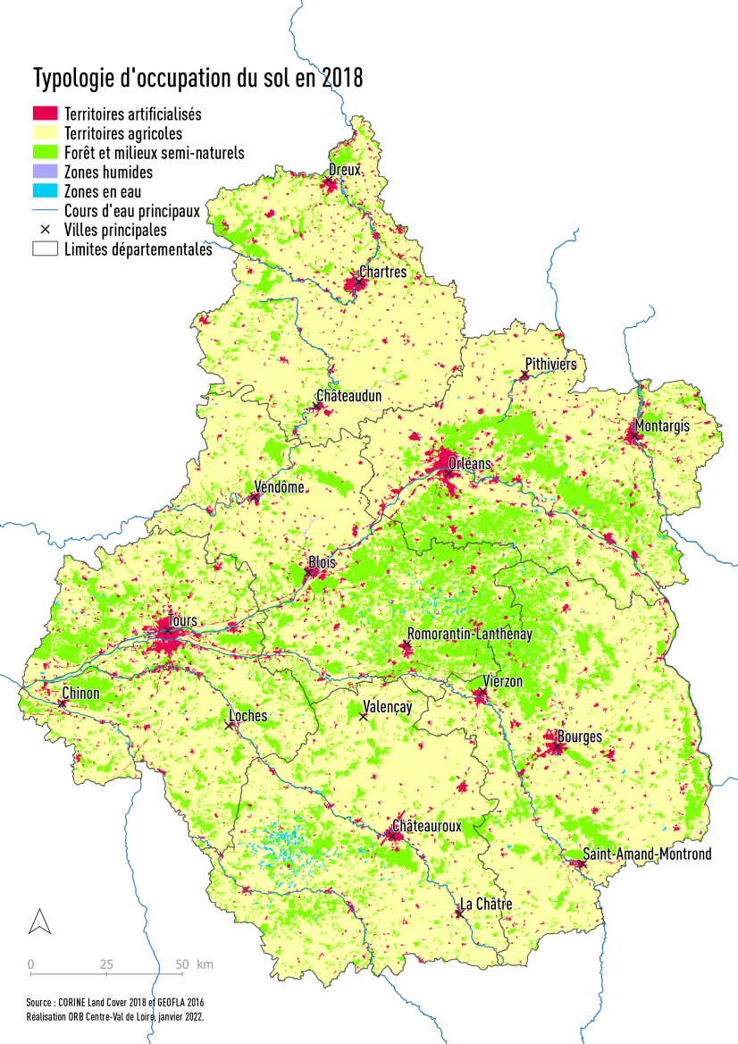 Occupation des sols en Centre-val de Loire | ORB, 2018 - données Corine Land Cover