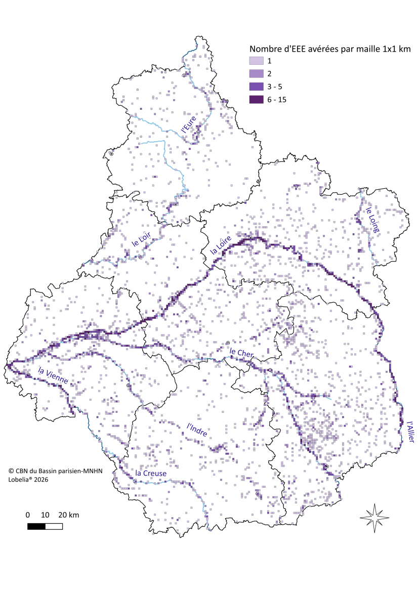 Densité de présence des EEE avérées par maille (1km x 1km) après 2000 - Situation en février 2026