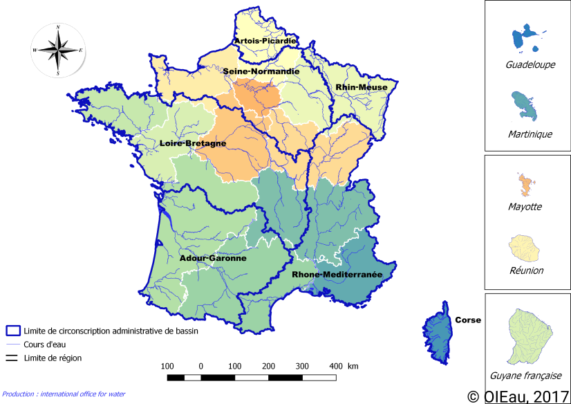 Les 6 grands bassins versants et leurs agence de l'eau en France métropolitaine ©OI eau (cliquez pour agrandir)