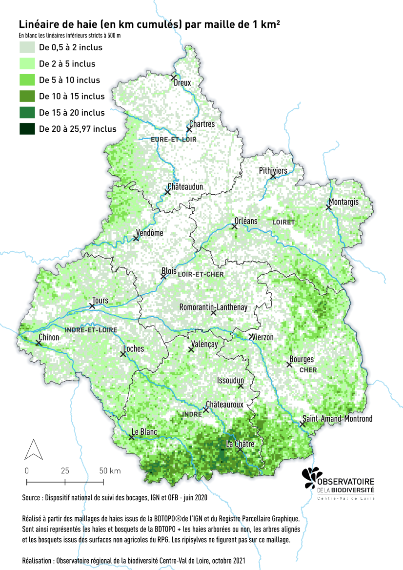 Cartographie de la densité des haies via la BD V1 de l'IGN : période des données 2004-2015